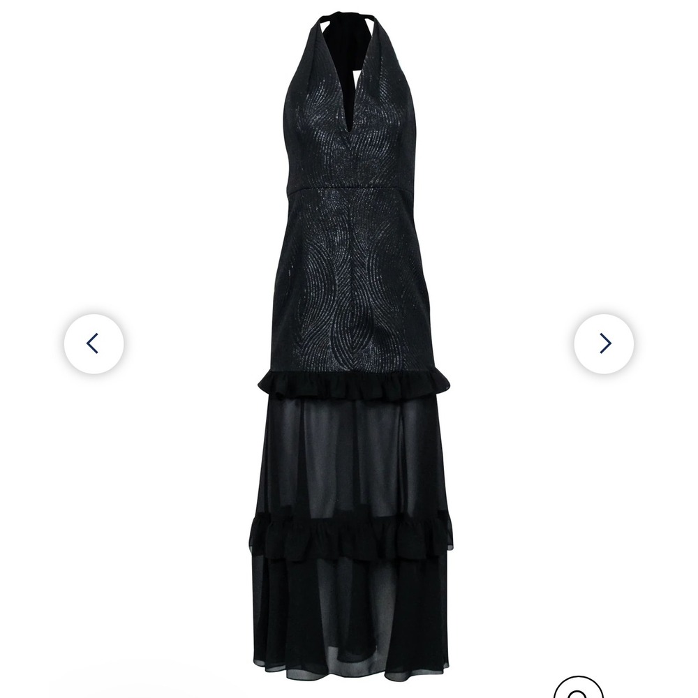 Halston Black Halter Formal Dress Ruffle Trim Size 5